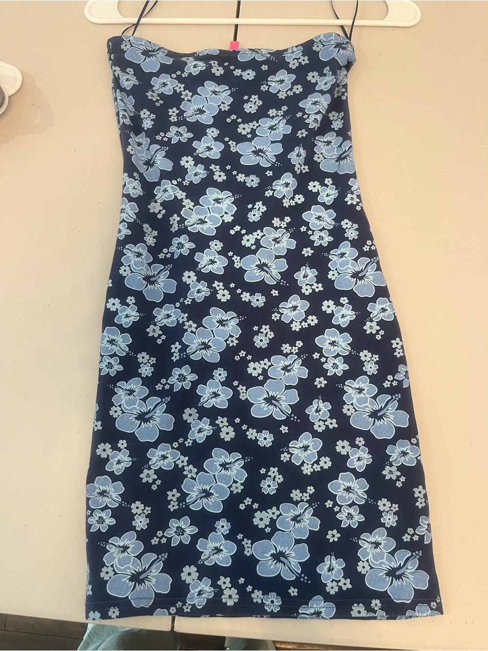 Edikted Navy and Light Blue Floral Strapless Dress